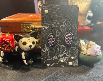 Checkerboard Dangle Earrings - Polymer Clay - Black/Purple