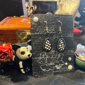 Checkerboard Dangle Earrings - Polymer Clay - Black/White