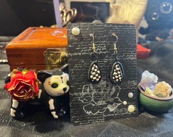 Checkerboard Dangle Earrings - Polymer Clay - Black/White