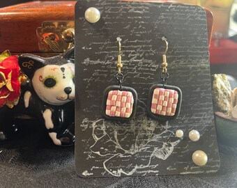 Checkerboard Dangle Earrings - Polymer Clay - Pink/White