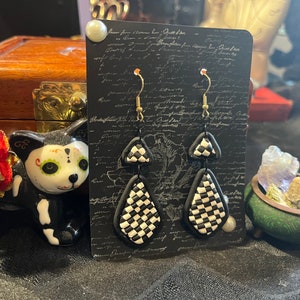 Checkerboard Dangle Earrings - Polymer Clay - Black/White