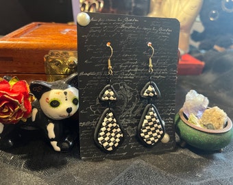 Checkerboard Dangle Earrings - Polymer Clay - Black/White