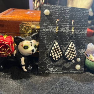 Checkerboard Dangle Earrings - Polymer Clay - Black/White
