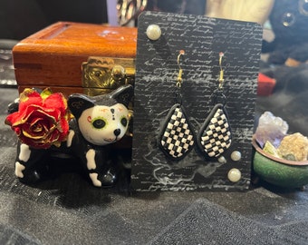 Checkerboard Dangle Earrings - Polymer Clay - Black/White