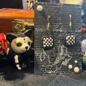 Checkerboard Dangle Earrings - Polymer Clay - Black/White
