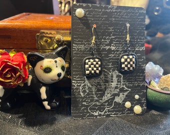 Checkerboard Dangle Earrings - Polymer Clay - Black/White