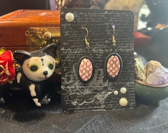 Checkerboard Dangle Earrings - Polymer Clay - Pink/White