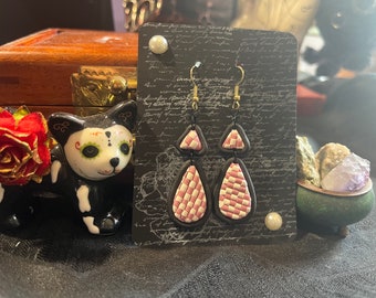 Checkerboard Dangle Earrings - Polymer Clay - Pink/White