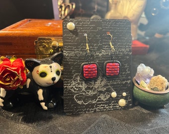 Checkerboard Dangle Earrings - Polymer Clay - Purple/Red