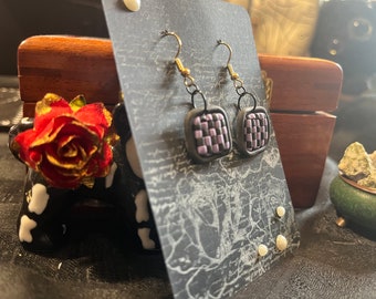 Checkerboard Dangle Earrings - Polymer Clay - Black/Purple