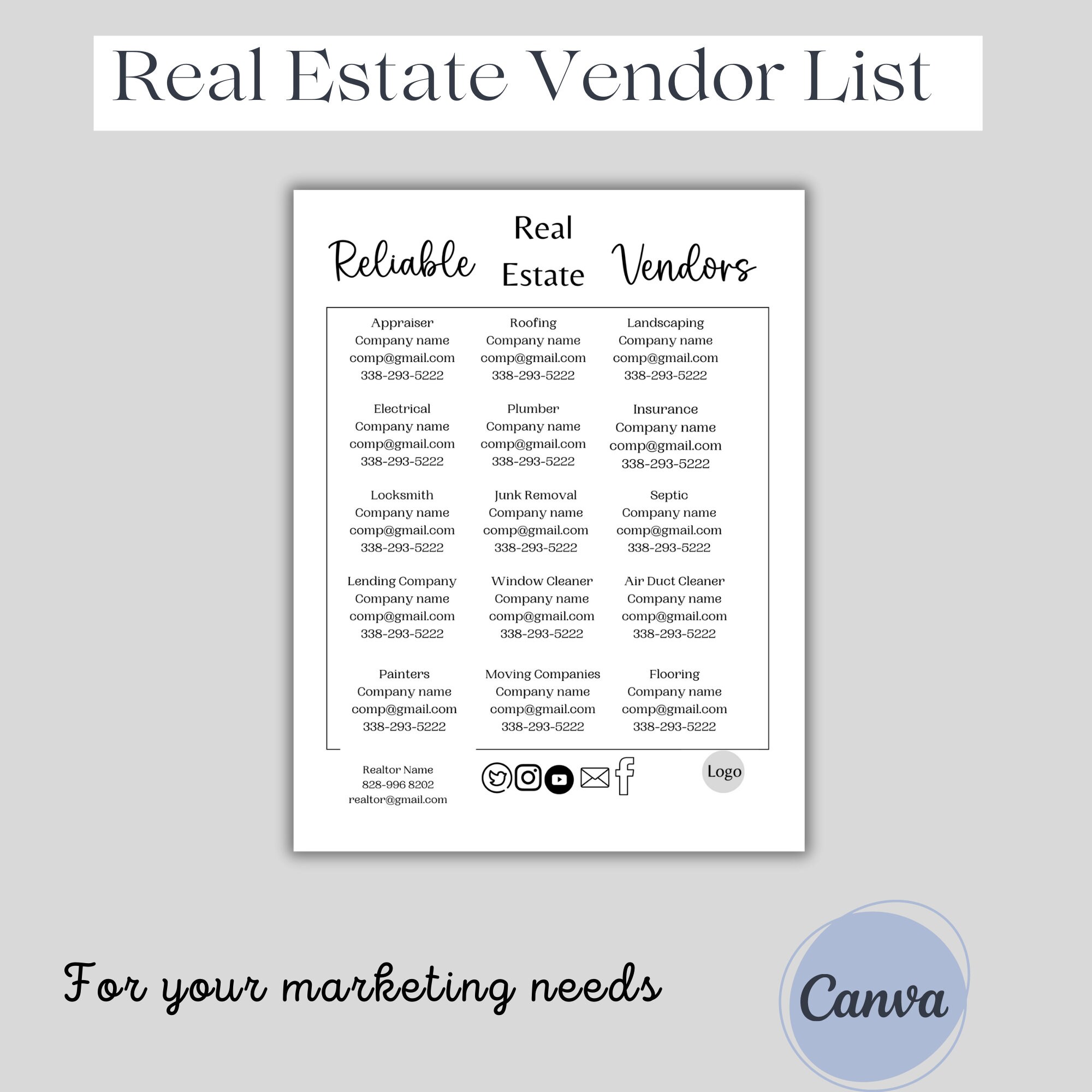 Real Estate Vendor Template Real Estate Vendor List Realtor Etsy
