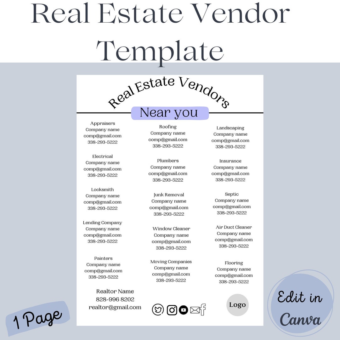 Real Estate Vendor Template Real Estate Vendor List Real Etsy