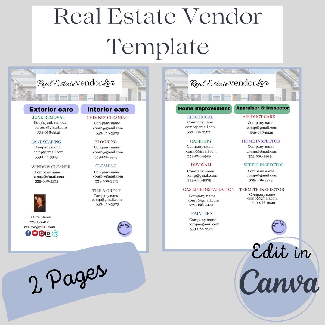 Real Estate Vendor Template Real Estate Vendor List Real Etsy