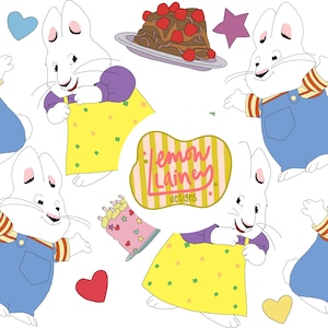 Può includere: Un motivo ripetuto con un personaggio di coniglio dei cartoni animati in varie pose, che indossa un vestito giallo o una tuta blu. L'immagine include una torta, un piatto di cibo, cuori, stelle e il testo "lemon lainey designs".