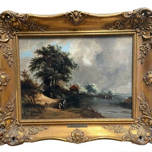 Fishing on the River, Landscape | Attr. to Edward Williams (1781-1855) | Antique Oil Painting Framed with Plaque