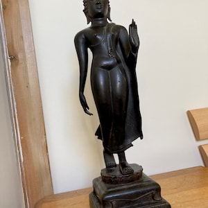 Walking Buddha Bronze Statue | Antique Sukhothai Style Ornament  | 18 1/2&quot; Tall