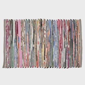 May include: A rectangular area rug featuring a dense, multi-coloured striped pattern. The design consists of numerous vertical bands in various shades of red, blue, green, yellow, pink, black, and white, woven with a textured, ribbed appearance.