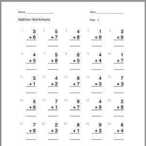 Planilhas de adição digital, adição de um dígito, 20 páginas, para impressão, educação infantil, matemática de adição