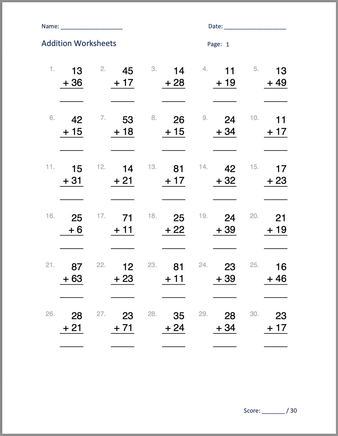 Two Digit Addition Worksheets, 20 Sheets of Practice, Printable Math