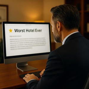 May include: A man in a dark suit is seated at a wooden desk, typing on a black keyboard. The computer screen displays the text "Worst Hotel Ever" with a gold star icon. The background is blurred.