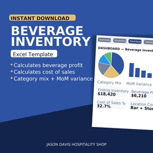 May include: A digital graphic for a beverage inventory Excel template. The title "BEVERAGE INVENTORY" is in large white letters. The template calculates profit, cost of sales, and category mix. Includes charts and financial data. "INSTANT DOWNLOAD" is in a gold banner.