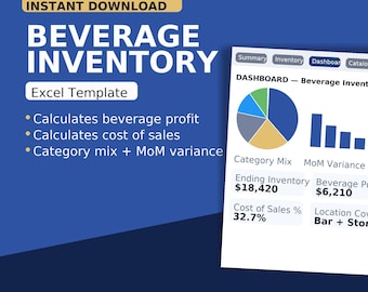 May include: A digital graphic for a beverage inventory Excel template. The title "BEVERAGE INVENTORY" is in large white letters. The template calculates profit, cost of sales, and category mix. Includes charts and financial data. "INSTANT DOWNLOAD" is in a gold banner.