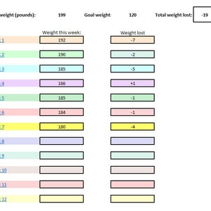 Weight loss tracker (lbs), menu planner, automatic shopping list and food log for excel - 12 weeks. Digital download