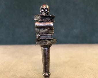 Skull On Stack Of Rare Old Books Pipe Tamper, Solid Fine Pewter