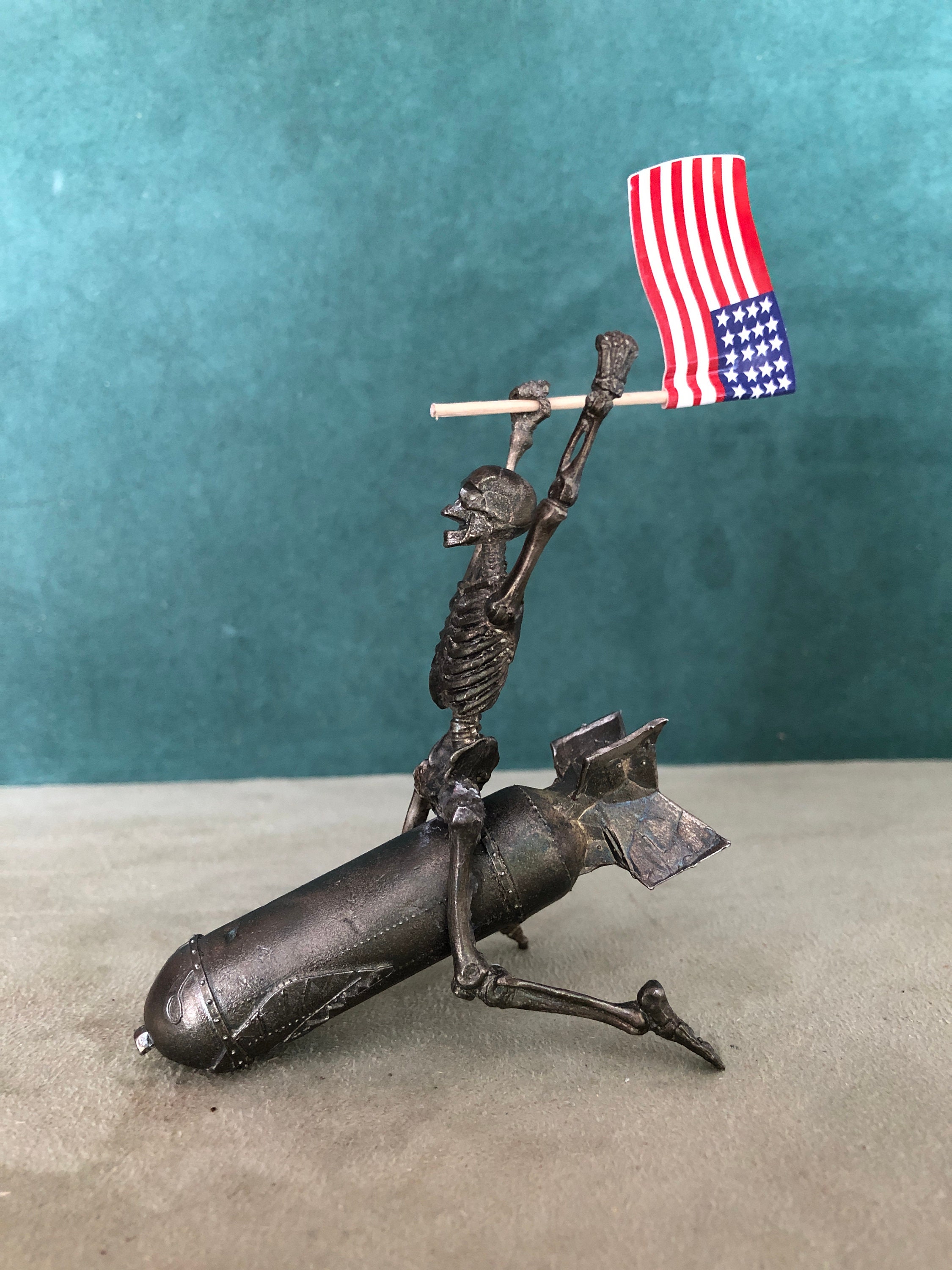 WWII Skeleton Riding Falling Bomb, Solid Fine Pewter