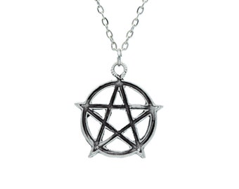 Antique Silver Plated Pentagram Necklace - Unisex Wiccan Jewelry