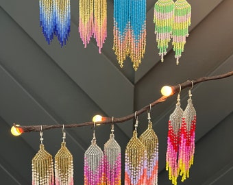 Orecchini Huichol messicani - Pioggia di perline artigianale fatta a mano - Oro/Argento unici