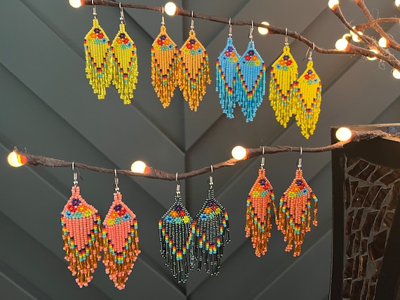Mexican Huichol Earrings - Handmade Artisan Beaded Rainfall Flowers