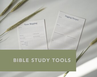 May include: Two printable Bible study tools on white paper with the titles "Verse Mapping" and "Digging Deeper". The tools are laid out on a white surface with wheat stalks on either side.