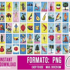 May include: A collection of 53 colorful Loteria cards, each with a unique illustration and Spanish text. The cards are arranged in rows and columns against a blue grid background. The image includes text that says "INSTANT DOWNLOAD" and "FORMATO: PNG".