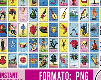 May include: A collection of 53 colorful Loteria cards, each with a unique illustration and Spanish text. The cards are arranged in rows and columns against a blue grid background. The image includes text that says "INSTANT DOWNLOAD" and "FORMATO: PNG".