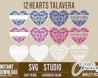 May include: A digital file featuring twelve heart designs with floral patterns in blue, pink, and white. Some hearts include the name "Helenita." The text "12 HEARTS TALAVERA" is at the top, with "SVG STUDIO" and "INSTANT DOWNLOAD" at the bottom.