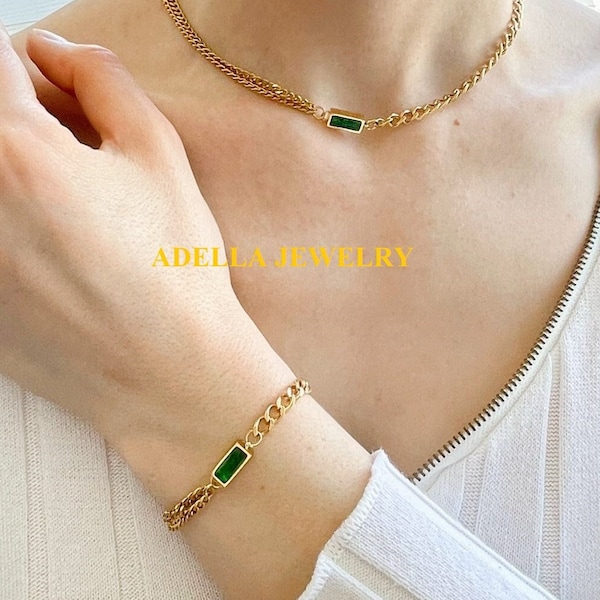 18K Gold Emerald Bracelet Black Zircon Curby Wristband Double Curb Chain Band Bracelet Waterproof Stainless Steel Tarnish Free Jewelry