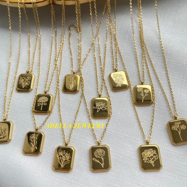 18K Gold Birth Flower Necklace Square Birth Flower Pendant Anti Tarnish Waterproof Floral Zodiac Necklace Custom Wedding Birthdays Gift