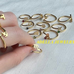 Gold Zodiac Sign Birthstone Ring Astrology Minimalist Jewelry Constellation Adjustable Ring Waterproof Stainless Steel Ring Birthday Gifts