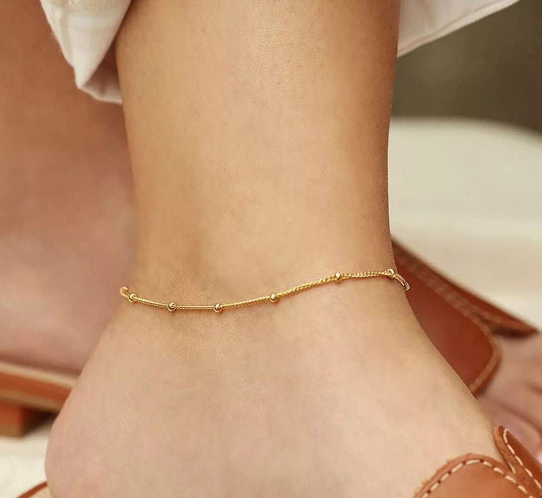 18K Gold Bead Anklet for Women Waterproof Anklet Beaded Chain Etsy