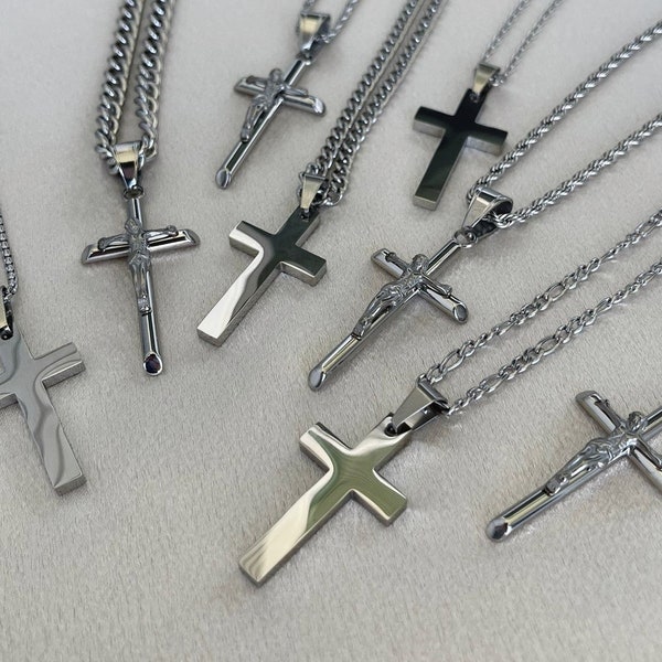 Silver Cross Jesus Cross Chain Necklace Religious Cross Pendant Necklace Christian Jewelry Waterproof Stainless Steel Cross Christmas Gift