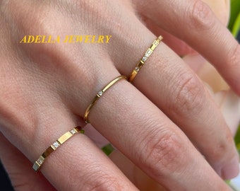 18K Gold Thin Ring Dainty Ring Minimalist Ring Waterproof Simple Ring Mini Stone Diamond Wedding Ring Stainless Steel Jewelry Promise Ring