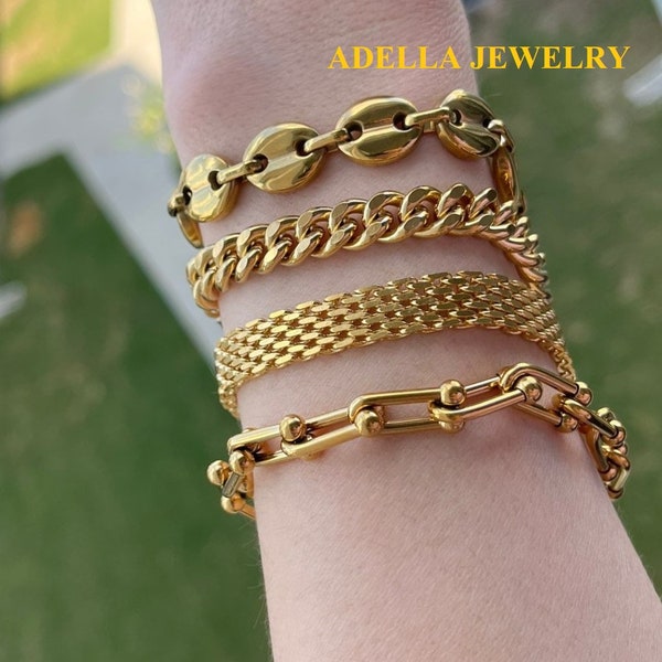 18K Gold Bracelet U Shape Mesh Curby Coffee Bean Bracelet imperméable à l’eau Bijoux En acier inoxydable Couple Femmes Hommes Bracelet Set Cadeau Anniversaire