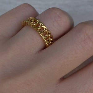 18K Gold Chain Ring Thick Chain Ring Cuban Link Ring Stainless Steel Waterproof Ring Jewelry Statement Ring Women Curb Chain Ring Gift Her