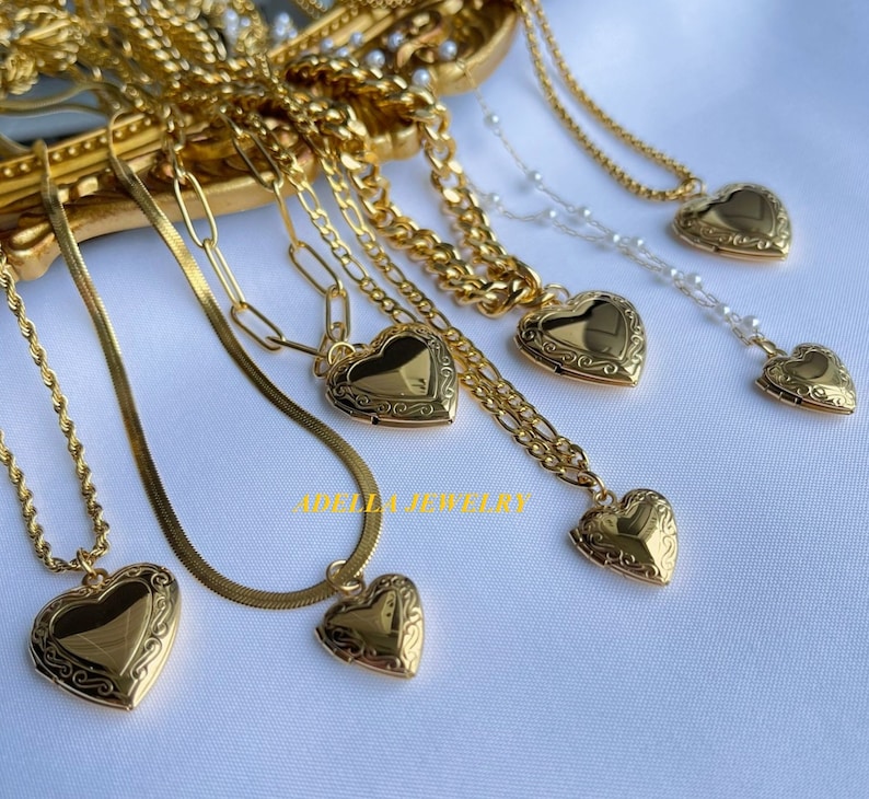 Gold Vintage Heart Locket Necklace Big Small With Photo Pendant Choker Waterproof Tarnish Free Necklace Pendant Personalized Friend Gift MOM image 3