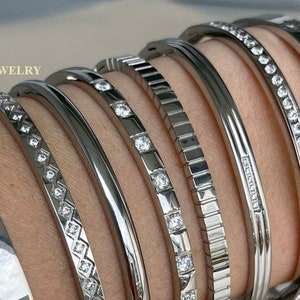 Silver Bangle Bracelet Custom Bracelet Diamond Multi Stone Bracelet Personalized Gift Engraved Bracelet Waterproof Stainless Steel Jewelry