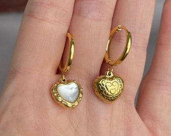 Gold Filled Vintage Heart Earrings Mother of Pearl Heart Earrings Minimalist Earrings White Shell Charm Earrings Waterproof Earrings Gift