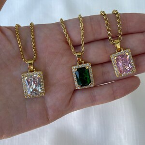 Crystal Emerald Pink Vintage Necklace For Women Waterproof Necklace 18K Gold Rectangle Pendant Necklace Anti Tarnish Jewelry Christmas Gift