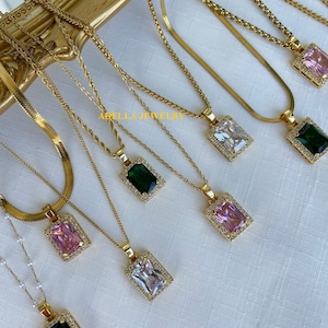 18K Gold Emerald Necklace Pink Crystal Square Necklace Pendant Waterproof Stainless Steel Jewelry Gift For Mom Christmas  Birthday Gift