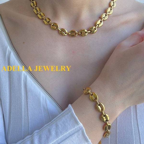 18K Gold Coffee Bean Chain Necklace - 9mm Irish Jewelry